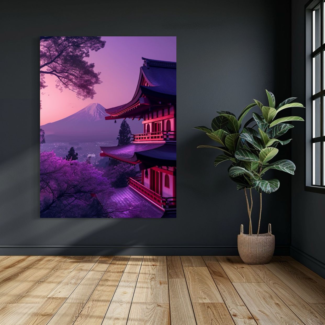 Traditional Japanese temple overlooking cherry blossoms and Mount Fuji at sunset with a purple-pink sky.