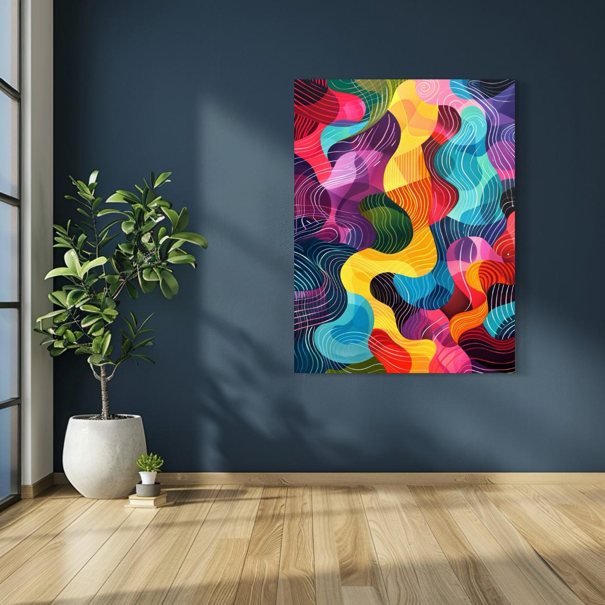 Abstract flowing lines in vibrant rainbow colors with layered curving patterns