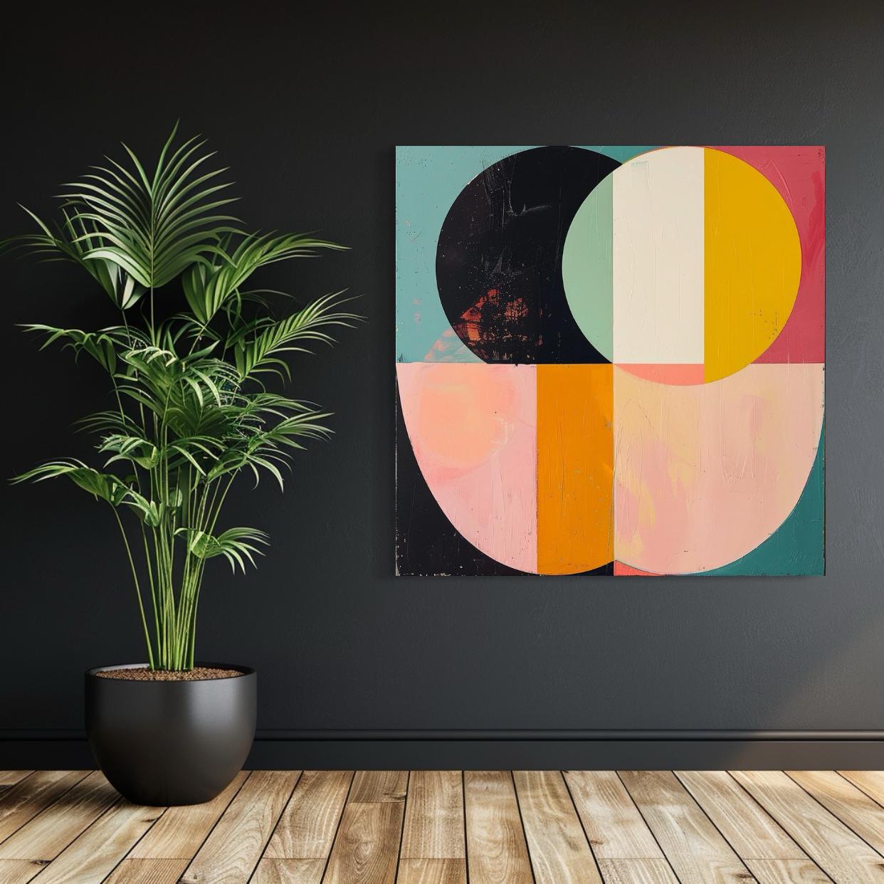 Abstract artwork featuring circular and rectangular shapes in pink, orange, black, and teal tones.